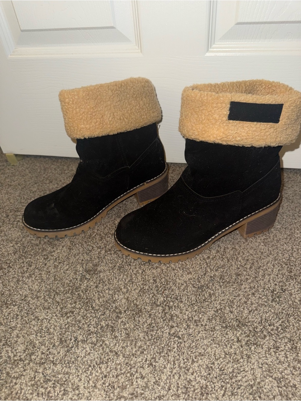 Black Suede Fold-Over Winter Boots with Camel Sherpa Cuff